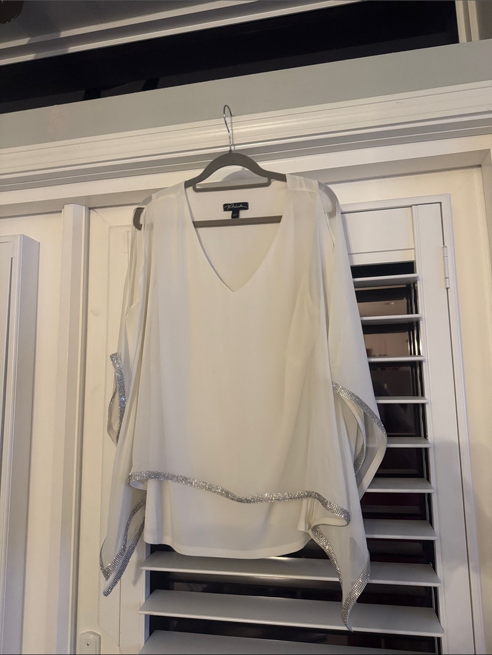 Prelude Cream V-Neck Chiffon Blouse with Silver Trim Large